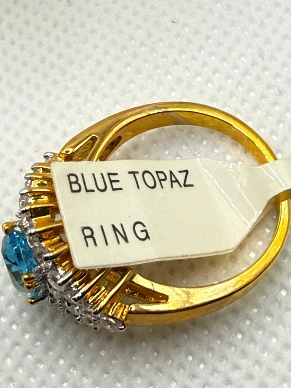 Vintage Blue Topaz Halo Cocktail Ring with Clear Accent CZ Stones plated piece